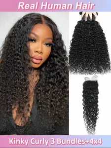 Curly Human Hair 3 Bundles with Closure, 4x4 Pre Plucked Hairline, Transparent Lace Closure, Kinky Curly Weave, Natural Hair