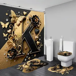 Black and gold creative letter K pattern design, 4-piece shower curtain set, modern and stylish bathroom decoration, with carpet (bath mat, U-shaped, toilet lid) and 12 durable hooks, non slip floor mat, waterproof forest shower curtain, polyester fiber