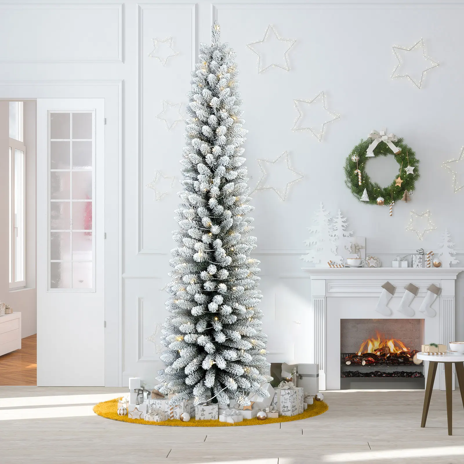 Best 5~7FT Pre-Lighted Snow Flocked Faux Hinged Ultra-Thin Pencil Christmas Tree with Warm White Light, Full Branch Tips, Perfect Choice for Christmas Holiday Decoration, Flocked Green pine tree artificial christmas