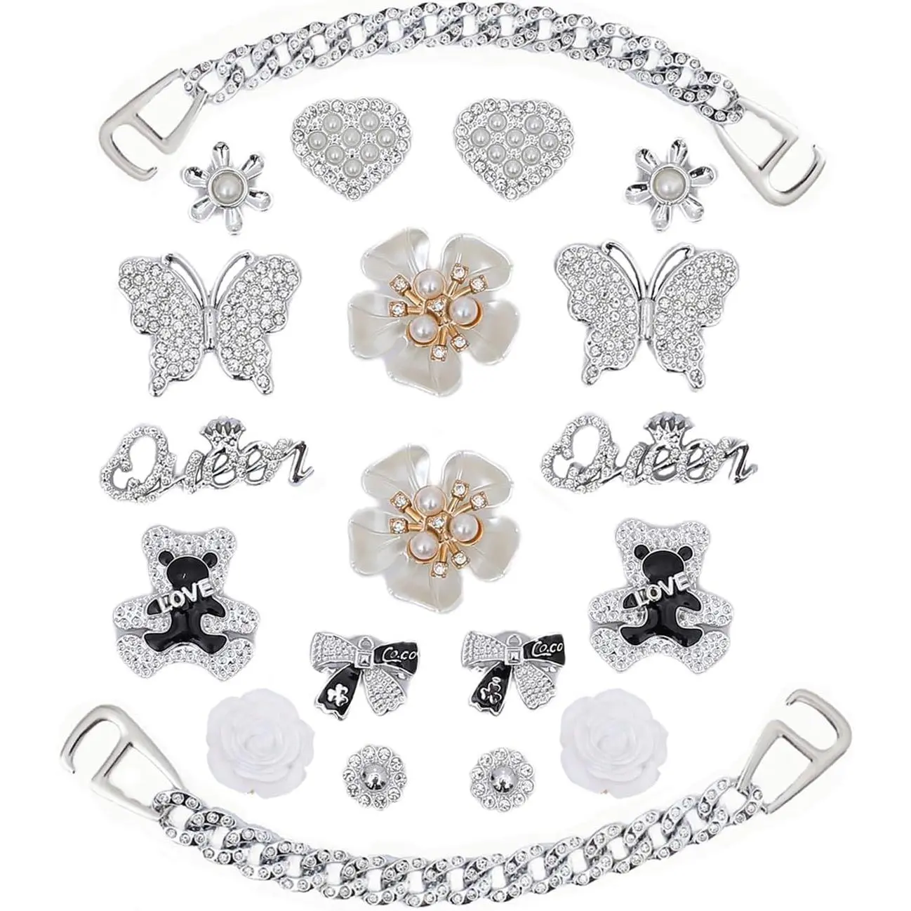 Girls' Rhinestone Shoe Charms Decor Set - 20-Piece Silver DIY Footwear Accessories with Butterfly, Animal, Chain, Sparkles for Clogs, Retro Shiny Costume Jewelry, Rhinestone Shoes Charms, Silver 20Pcs, Diy Shoes
