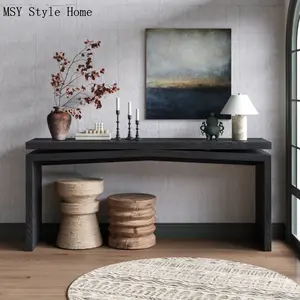 MSY Style Home 65-Inch Rustic Solid Wood Veneer Console Table for Living Room Hallway Behind Couch Apartment Black Sled Base Split Profile Design