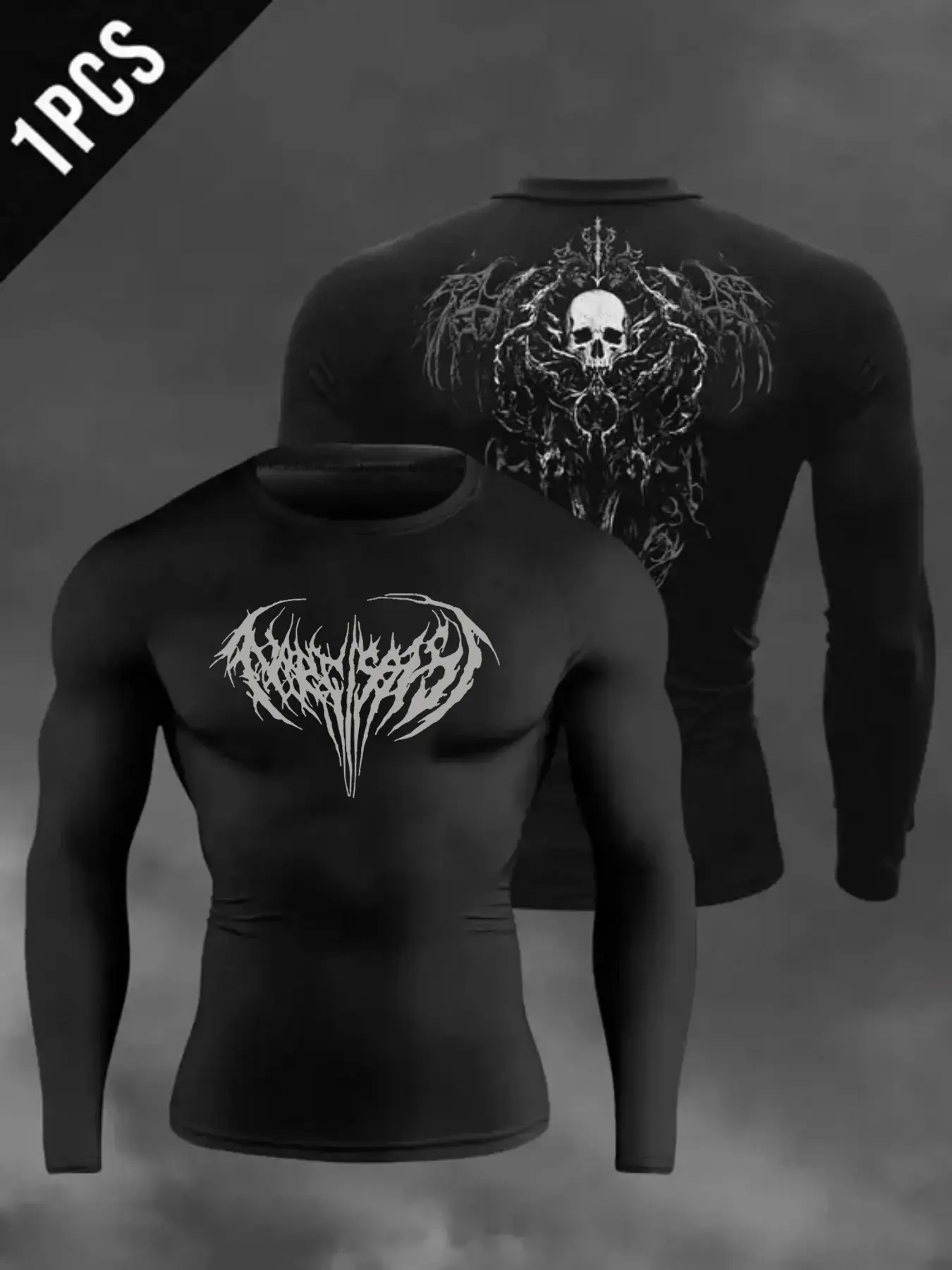Men's Fitted Skull Print Long Sleeve T-Shirt, Complex Handwriting & Skull Pattern, Elastic Fabric, Casual Streetwear Gym