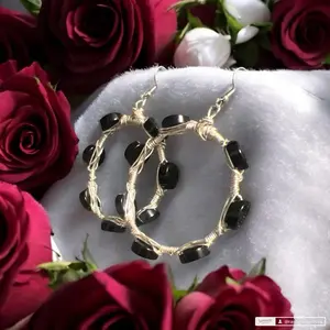 Silver Plated Copper Onyx Hoop Earrings with Elegant Black Beads for Women's Fashion