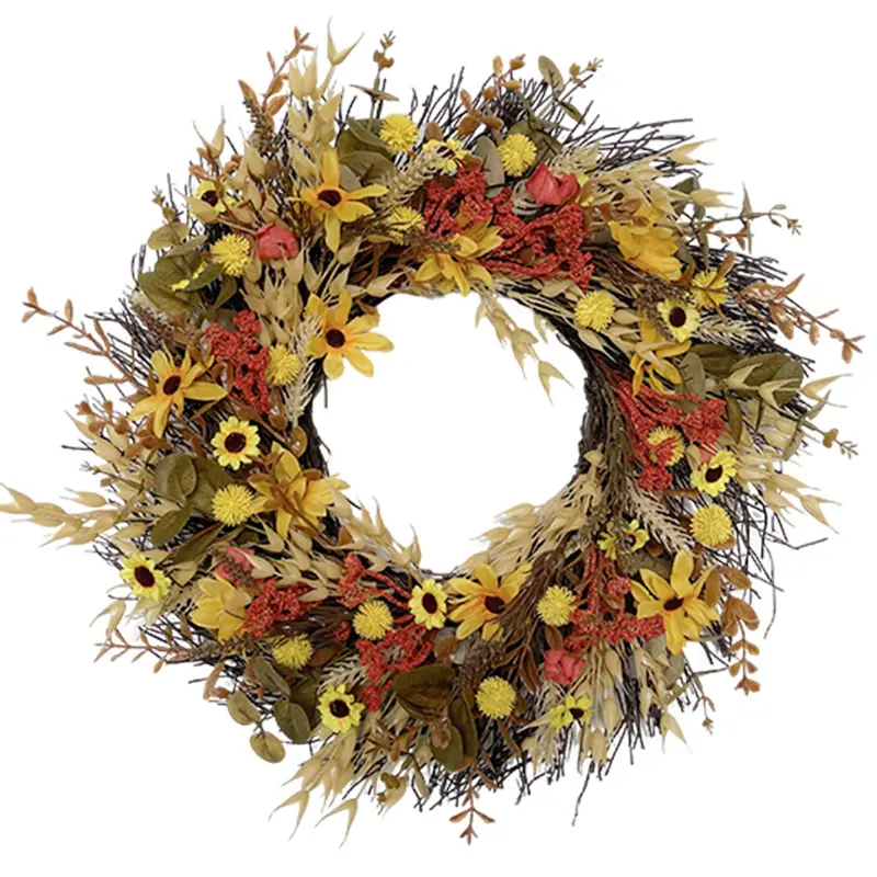 24Inch Autumn Wreaths For Front Door, Fall Yellow Flower Garlands With Grain Picks And Wild Flowers, For Indoor And Outdoor, Rustic Farmhouse Home Decor, Christmas Party Decorations