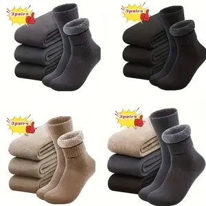 3 Pairs Men's Winter Thermal Socks - Thick Outdoor Hiking Socks, Soft and Durable, Reinforced Toe and Heel, Solid Colors Black/Brown/Gray, for Cold Weather and Outdoor Activities, Classic Sock Design, Winter Thermal Wear, Cold Weather Socks, Men's