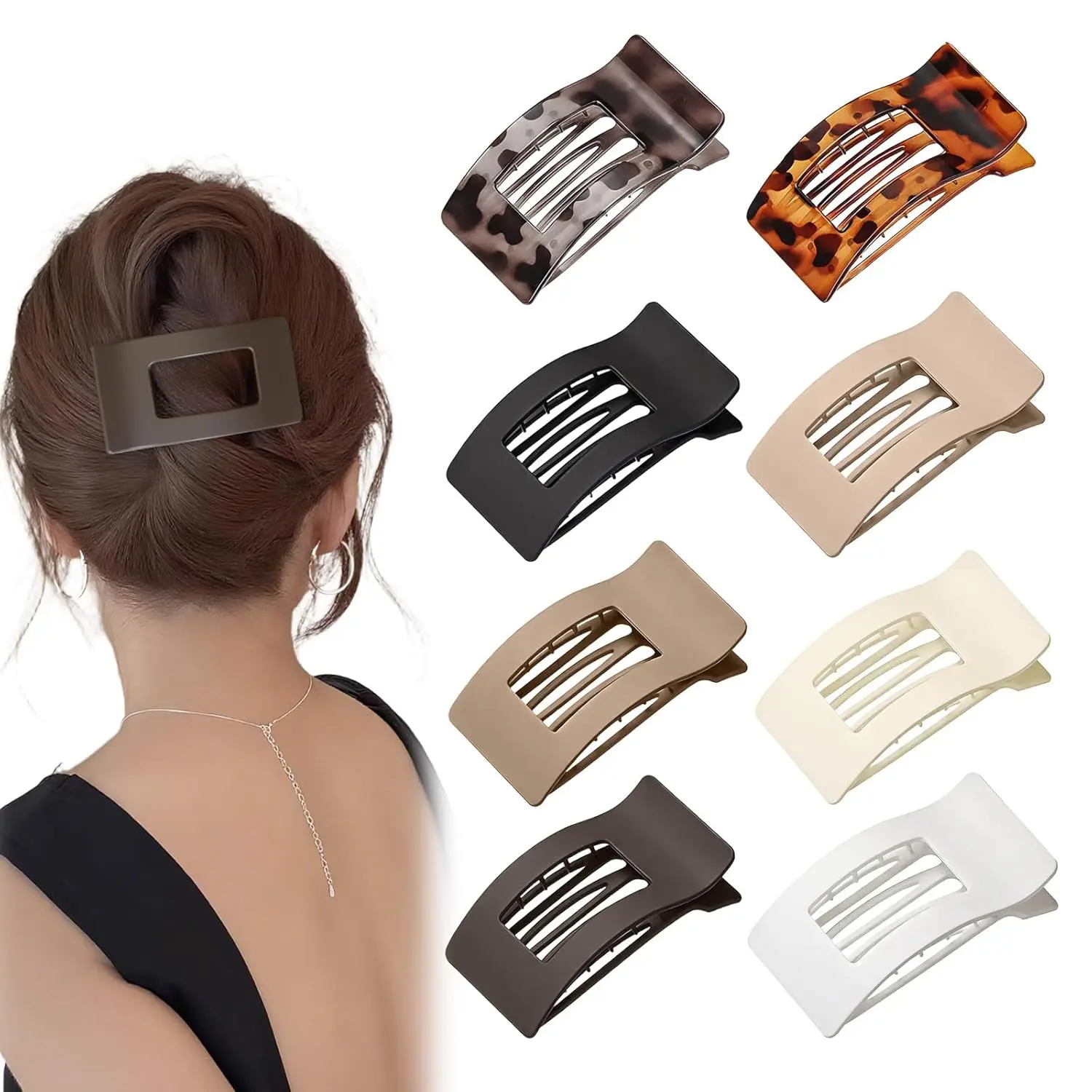 Women's 8-Piece Fashion Oblong French Flat Hair Clips, Matte Lay-Flat No-Slip Large Claw Barrettes, Strong-Hold for Thick and Thin Hair, Daily Styling Accessories