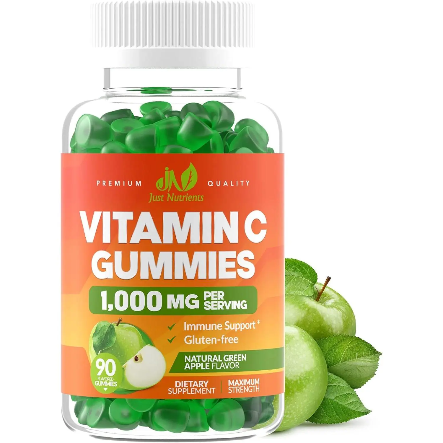 Just Nutrients Vitamin C 1000mg Gummies (90 Count) - Maximum Strength Chewable Immune Support & Collagen Support for Adults & Kids - Natural Green Apple Flavor - Gluten Free, Non-GMO, Vegetarian - 90 Gummies