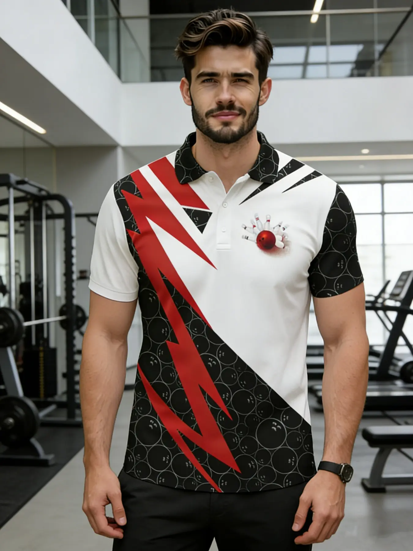 Men's Bowling Shirt with Lightning Pattern and Contrasts, Breathable Knit Polo for Casual Sports and Club Activities, Unique Design for Daily Wear