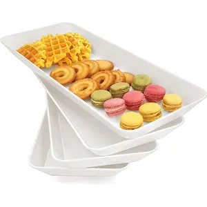 Serving Tray Platter Rectangle, 4 count Long Narrow  Tray for Veggie Fruit Snack Dessert, Plastic White  Trays for Party Supplies Display, Rectangular Platters for Serving ,