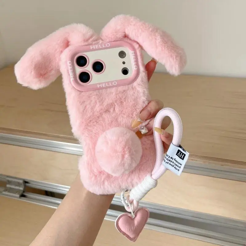 3D Cute Rabbit Ears Warm Furry Plush Bunny Phone Case With Lanyard For iphone 17 pro max 15/14/16Plus 13/12/11 Pro max 16 Cover