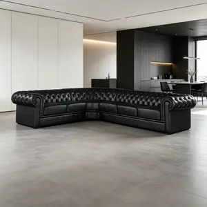 88" Black Genuine Cowhide Top Leather 3-Piece Sofa Set, Handcrafted Point-Pulling Tufted Luxury Living Room Couch, Solid Wood Frame, High-Density Foam, Double Layer Spring Support