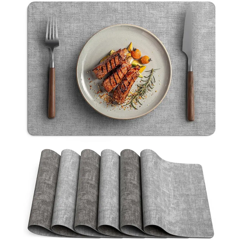 PU Faux Leather Vinyl Placemats Set of 6 (12"x16.5") - Reusable Decorative Place Mats, Tableware, Wipeable, Heat-Resistant, Waterproof, Anti-Slip, Reversible, Blocks Sauces, Smokey Grey & Dark Grey for Kitchen Dining