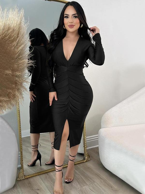 Women's Plain Deep V Neck Dress, Bodycon Stretch, Elegant Fashion Casual Long Sleeve Vneck Dress for Daily Outdoor Wear, Women Dress for All Seasons