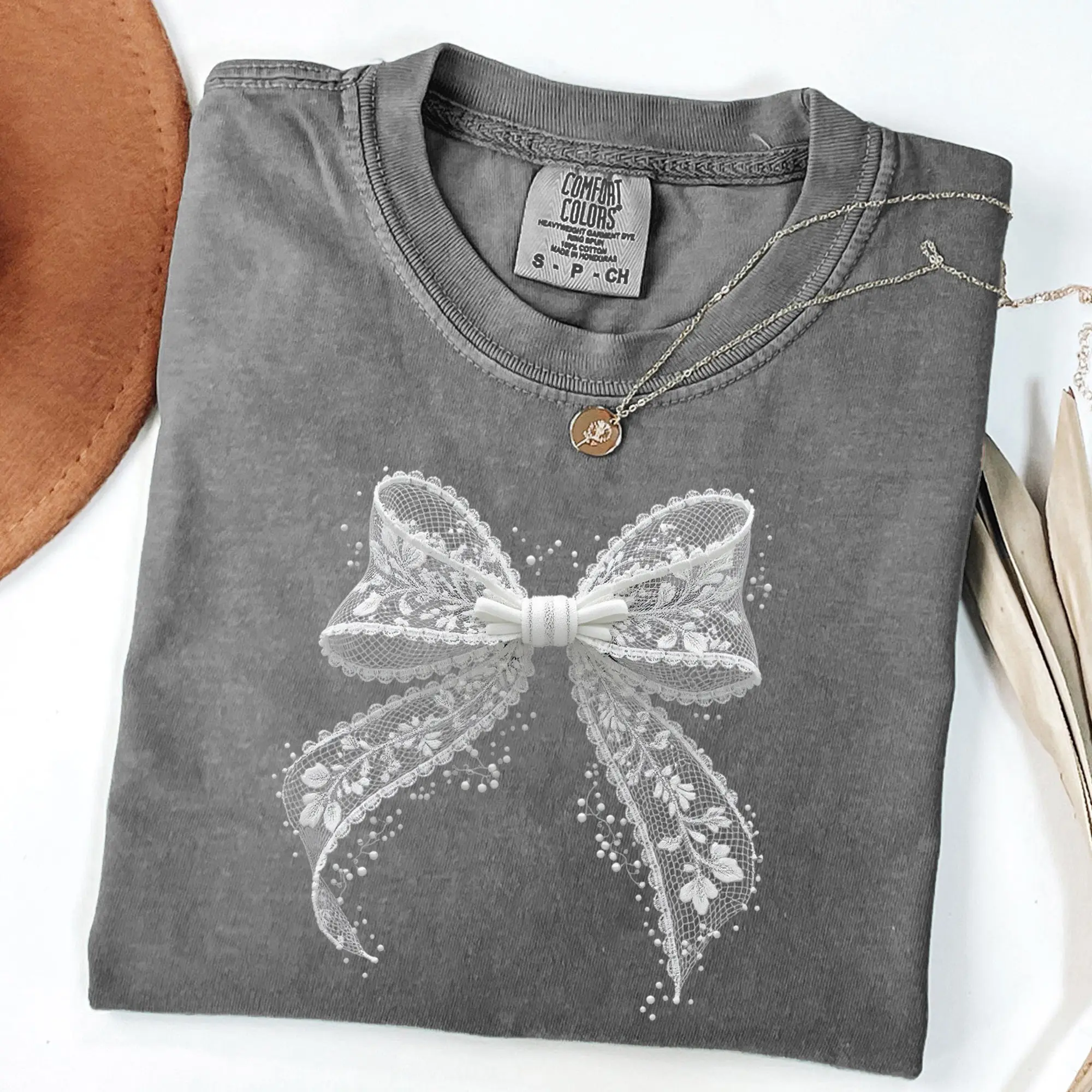 Comfort Colors Lace Bow Shirt, Lace Coquette Bow Tee, Floral Bow T-Shirt