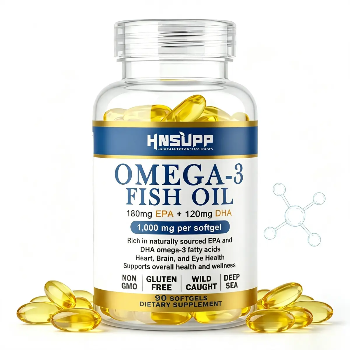 HNSUPP High Strength Omega 3 Fish Oil 1000mg EPA DHA Wild Caught Cod Liver Oil Support Heart Brain Joint Wellness 90 Softgels