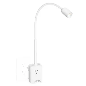 Plug In LED Book Reading Spot Light, White Dimmable Wall Sconce Lamp with Power Plug and Outlet Extender for Reading in Bed at Night, 3 Lighting Colors, with USB Output Charging Ports