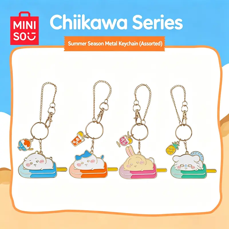 MINISO Chiikawa Summer Season Metal Pendant - Cute Hachiware Usagi Momonga Sea Otter Animal Character Figurine, Kawaii Chibi Bag Charm Keychain, Exquisite Metal Craft Decor, Ideal Collectible Gift for Fans, Animal Character Keychains, Character Figurine K