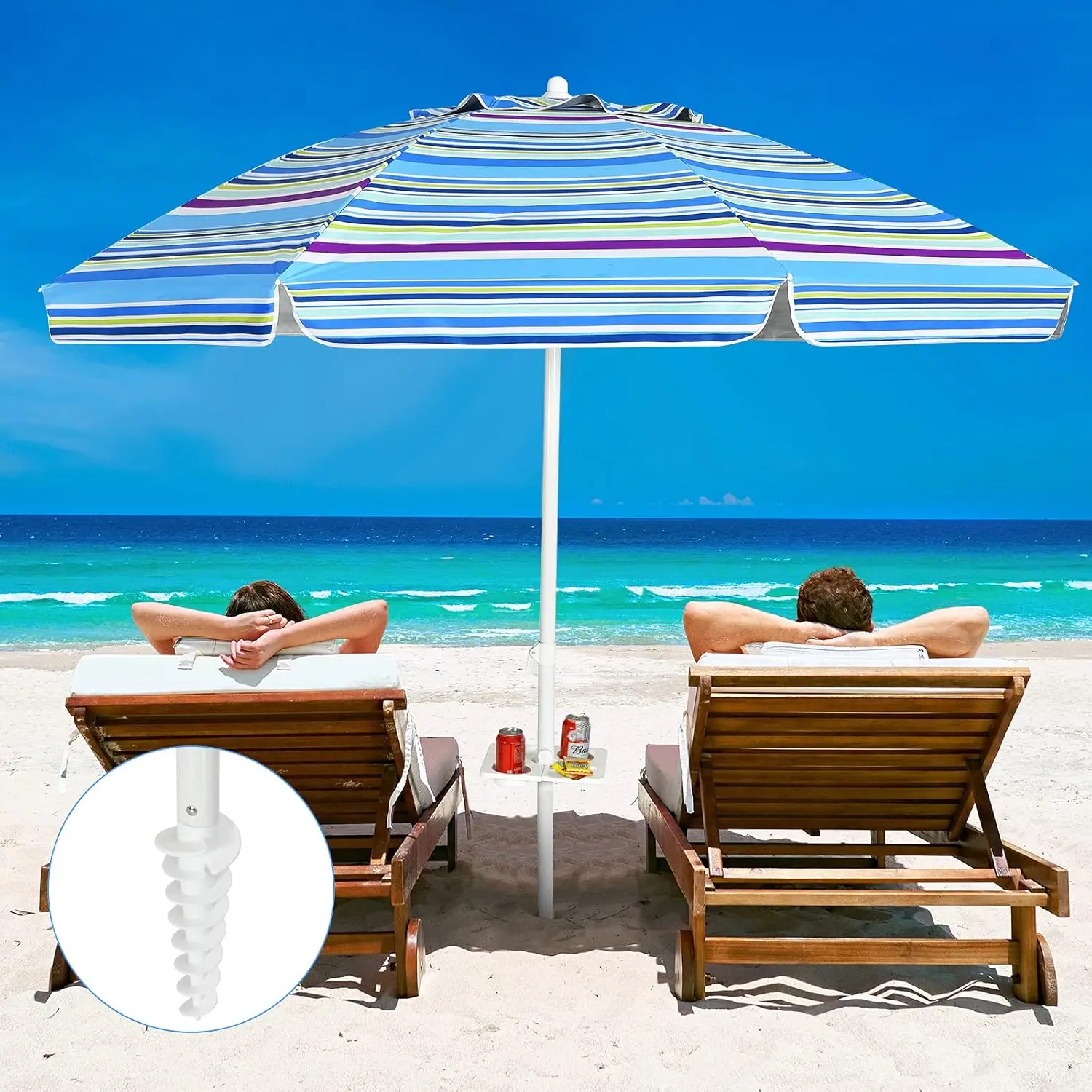 Vallmore 7.2 FT Sunshade Parasol with Sand Anchor, Push Button Tilt, 8-Rib Steel Frame, Polyester Canopy, Cup Holder & Carry Bag for Poolside, Picnic & More (Blue/Navy/Rainbow/Green)