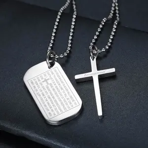 Fashionable and Creative Dual Pendant Geometric Scripture Square Plaque and Cross Pendant Stainless Steel Necklace, Suitable for Both Men and Women, Daily, Casual, Punk Style Matching Accessories