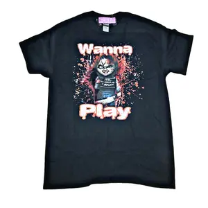 Short Sleeve Wanna Play Chucky Tshirt Crew Neck Cotton Black