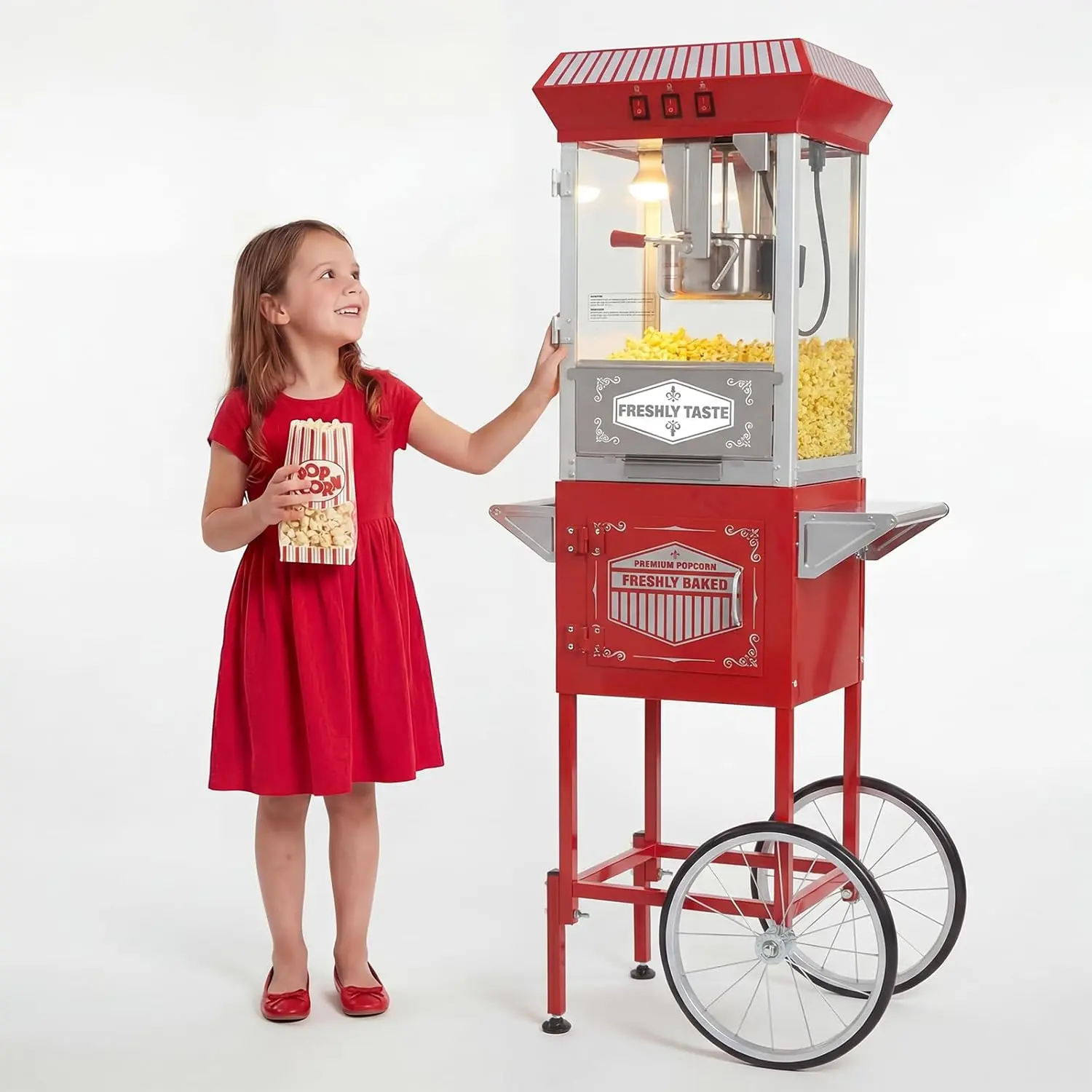 12oz Red & White Stainless Steel Antique Popcorn Machine with Cart - Silent, 850 W, Warming Deck, Bicycle-Style Wheels Household Specialty Kitchen Appliance for Watch Parties
