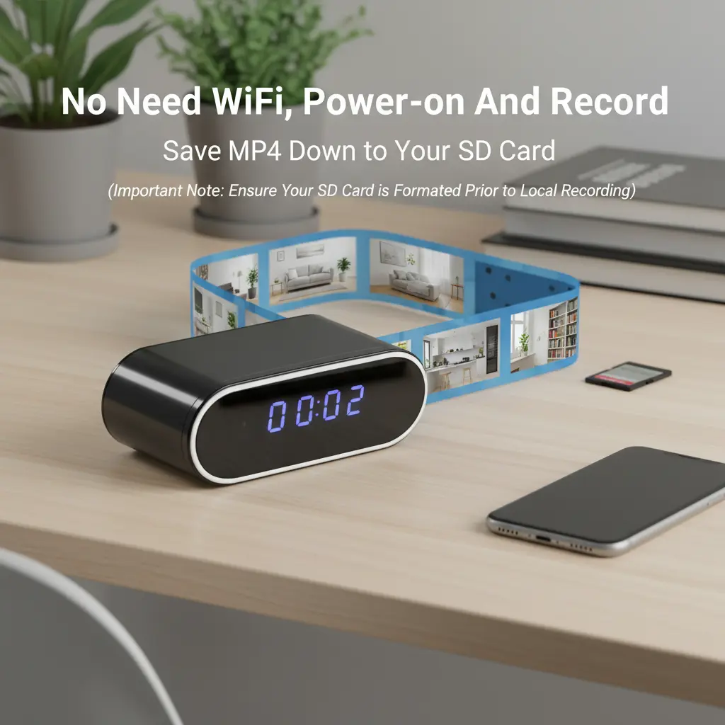 Alarm Clock 2-in-1 HD WiFi | Remote Viewing via WiFi & AP Hotspot | Local Recording to SD Card | 2600mAh Battery Wireless Portable | HD Night Vision | Motion Detection Alerts