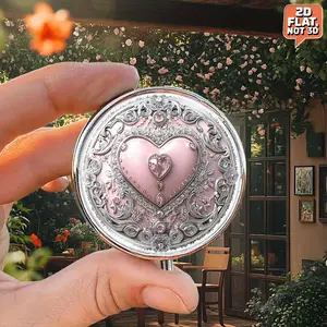 Portable Round Metal Medicine Box with Heart Pattern and Sparkling Gems, Elegant Storage for Vitamins and Supplements, Vitamin Organizer