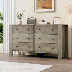 Wide 6 Drawer Bedroom Dresser, Modern Wooden Storage Chest with Deep Capacity Drawers and Solid Metal Knobs, Practical Organizer Cabinet for Kids Room Entryway Hallway and Home Office