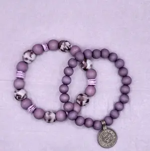 Purple Beaded Bracelet Set: Handmade Boho Coin Charm Stretch Bracelets