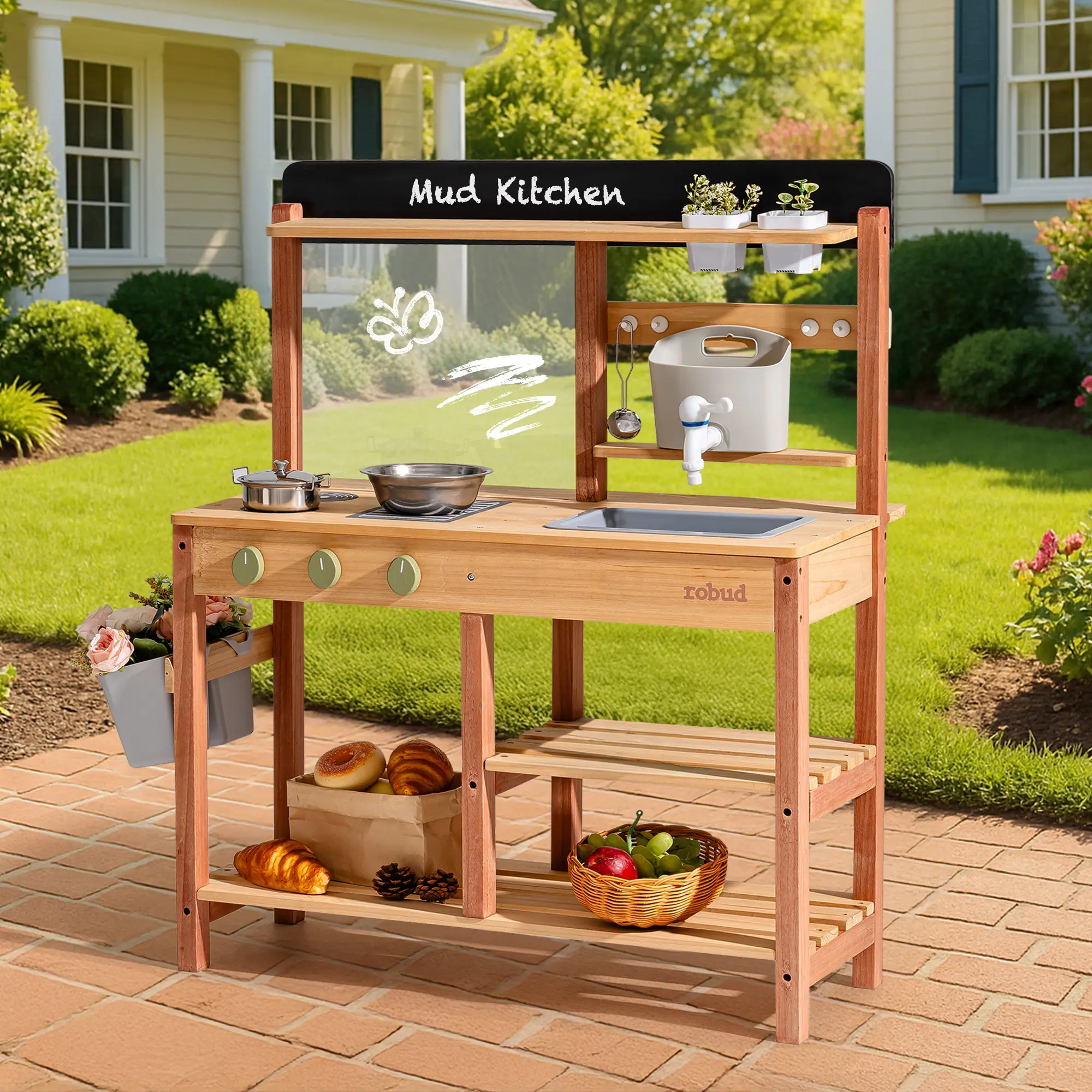 ROBUD Caramel Mud Kitchen for Kids Outdoor, Wooden Kids Kitchen Playset, Outdoor Play Kitchen with Removable Sink, Faucet, Cooking Accessories, Stove, Fun Backyard Outdoor Kitchen for Boys Girls 3+