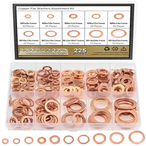 225 count Copper Metric Flat Washers, Sealing Washers,  10 Sizes Copper Washers, Metal Washers Assortment Kit (M5 M6 M8 M10 M12 M14 M16)