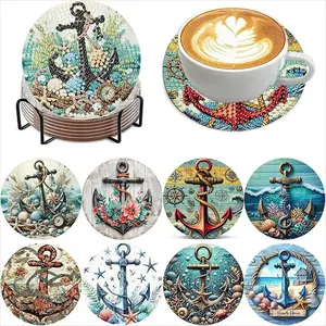 8 Piece Set of Coastal Pattern Diamond Painted Coasters, Sparkling Rhinestone Drink Mats with Holder, DIY Supplies for Beginners and Crafting Gifts, Diamond Painting Coasters