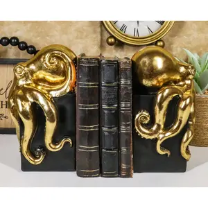 Ebros Contemporary Gold Color Octopus Bookends Statue Set With Black Base