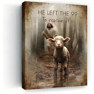 1 Piece Jesus Chasing Lost Lamb Canvas Wall Art - Framed Religious Inspirational Poster with Pine Wood Frame, High-Definition Print Suitable for Bedroom, Living Room, Office, and Restaurant Decoration, Religious Wall Art, Artistic