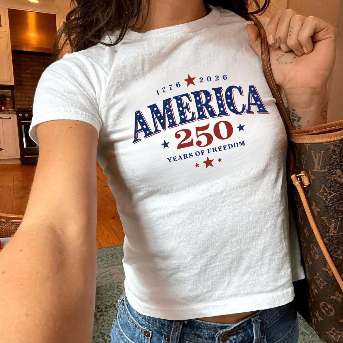 America 250 Years of Freedom Baby Tee, Patriotic Graphic Shirt, USA Independence Aesthetic Top, Soft Cotton Casual Tee