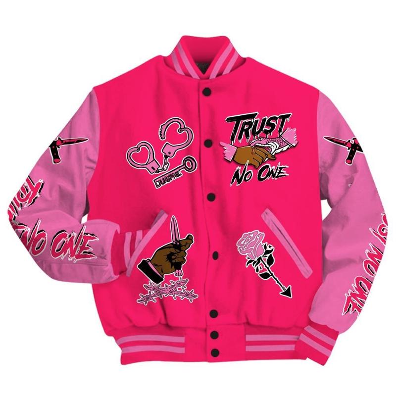 Dunkare Air VaporMax Plus Triple Pink Varsity Jacket, Trust No One Drip All Over Print Letterman Jackets, Gift for men, Gift for him, Gift your boyfriend
