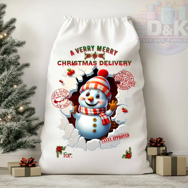 Personalized Large Santa Sack with Red Snowman Design