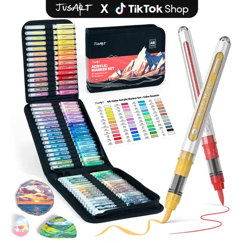 JusArt 48-Color Acrylic Brush Marker Set with Painting Bag, Waterproof Flexible Opaque Tip, Colorful Art Supplies, Markers for Coloring, Assorted Colored Drawing & Painting Supplies, Blending Tools for Kids, Office Stationery for Various Surfaces