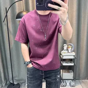 American Style Splash-Ink Embroidered Short-Sleeved T-shirt Men's Summer New Trendy Casual round Neck Half-Sleeved Top Streetwear Crewneck  graphic tees