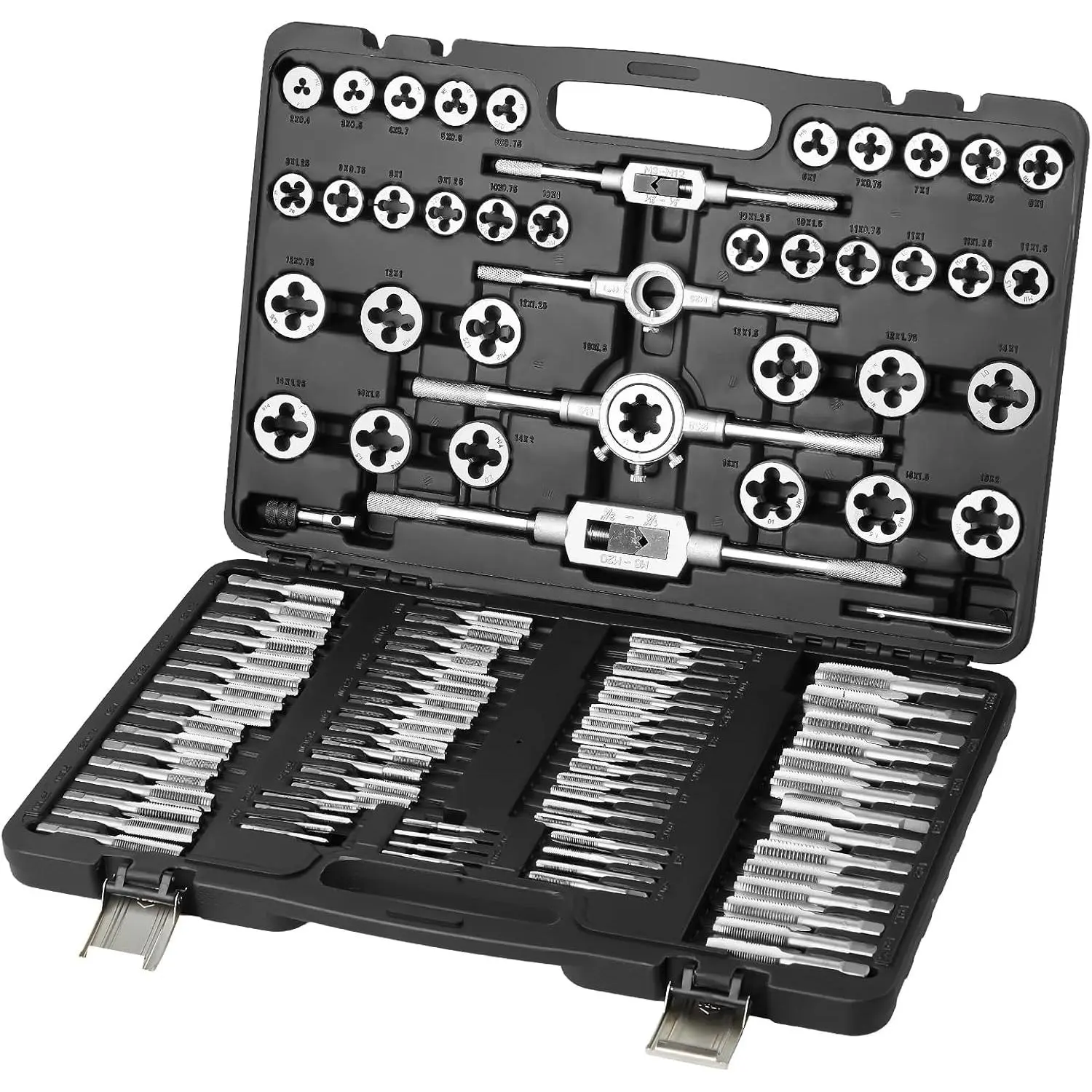 110-Piece Metric Tap and Die Set (M2 to M18) – Bearing Steel Thread-Cutting Tool with CNC Machined Components, Shockproof Design, T-Type Wrenches, Plug Taps, Thread Repair, Pearl Cotton Cushioning & Storage Case, 110-Piece Set
