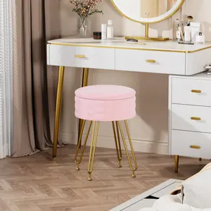VECELO Vanity Stool with Storage, Velvet Chair for Vanity, Strong Metal Legs, Anti-Slip Feet, Padded Seat for Make Up, Bedroom, Living Room, Entryway, Pink