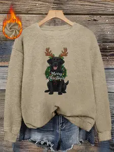 Christmas Labrador Dog Print Faux Sweater, Long Sleeve Round Neck Pullover, Soft Elastic Fabric, Casual Fall & Winter Top for Women