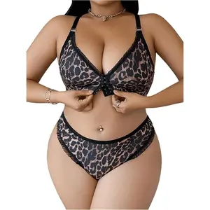 Women's Plus Size Leopard Print Lingerie Set Sexy Lace Sheer Front Closed Bra and Panty 2 Piece Sets