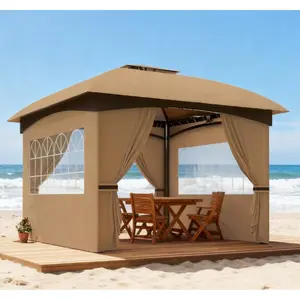 Hardtop Gazebo with Double Roof and Curtains Elegant Design Church Windows for Outdoor Patio Garden Backyard