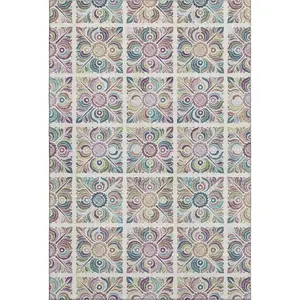 HomeRoots 667696 9 x 12 ft. Ivory Purple & Teal Medallion Washable Machine Made Rectangle Area Rug with UV Protection