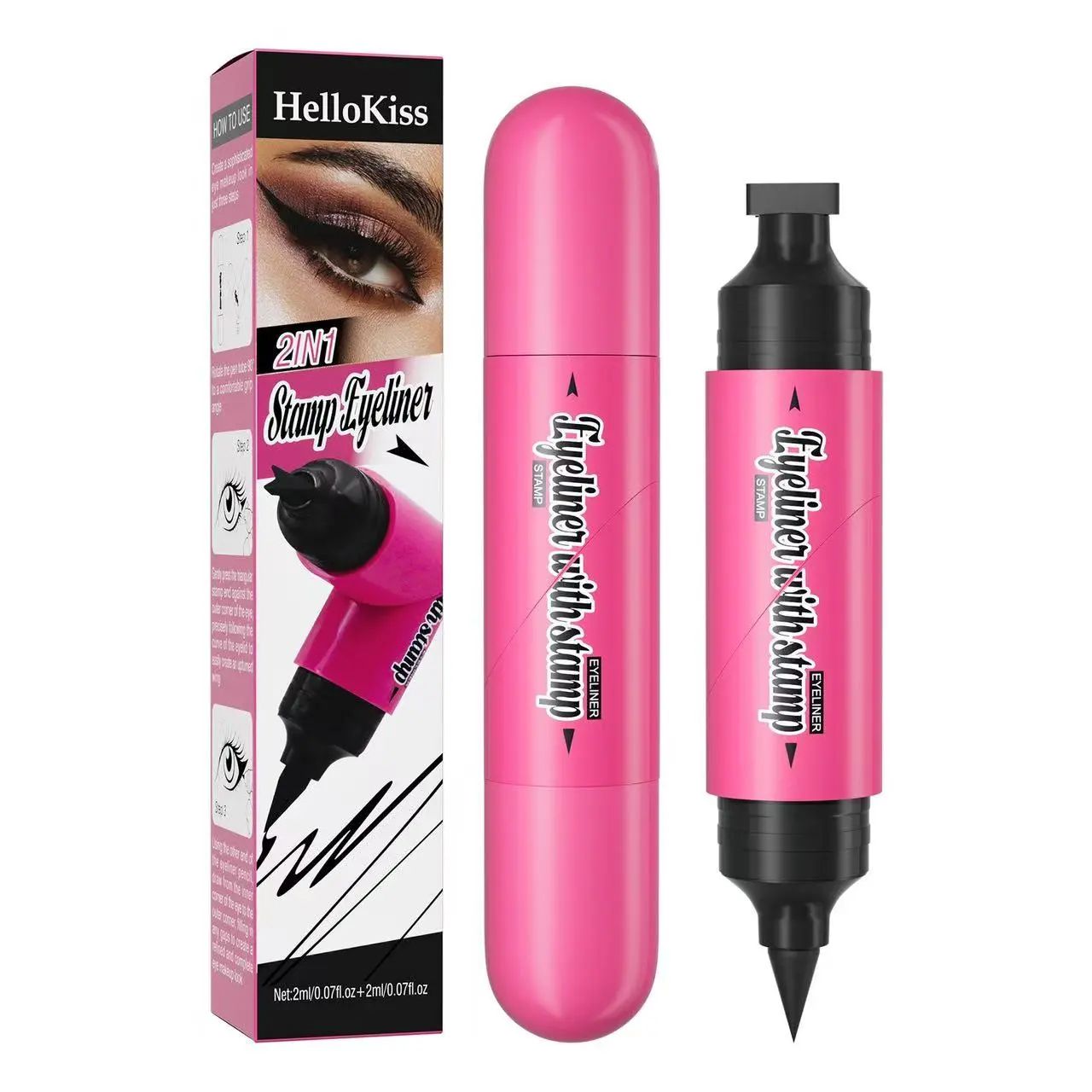 HelloKiss 2-in-1 Dual-End Wing Stamp Liquid Eyeliner Pen, Anti-Shaking Cat Eye Stamp Liner, 1-Press Waterproof Long-Lasting Smudge-Proof Deep Black, Beginner-Friendly for Daily & Party Looks, Anti-Shaking Eyeliner