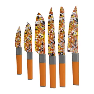 Linoroso 6-Piece Colorful Cartoon Kitchen Knife Set, Sharp Stainless Steel Chef Knife Set with Vibrant Graffiti Print, Non-Stick Anti-Rust Cooking Knives for Home & Restaurant, Cute Orange Doodle Design for Kitchen Decor