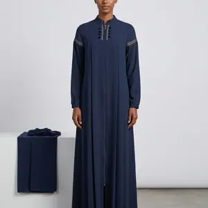 Women's Modest Fashion Classic Navy Embroidered Button-Detail Closed Abaya - Elegant Style, Turkish Size 46