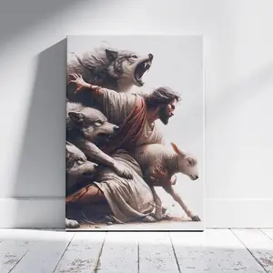 Jesus Protecting the Lamb Poster, Jesus Saving the Lamb from Wolves Poster, Jesus Painting Wall Art, Christian Gift, Ready to Hang, Home  Decor Poster