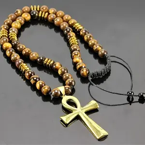[Protection Symbol Jewelry] Unique Ankh Cross Necklace - Adjustable Natural Black Onyx Gemstone Beaded Macrame Jewelry - Fashionable Gift